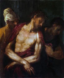 Ecce Homo von Andrea Schiavone (ca. 1520-1582). Öl auf Holz