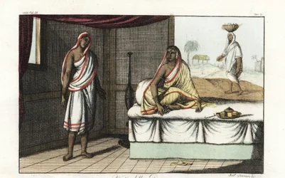 Verschiedene Arten von Saris und Kleidern, die von indischen Frauen getragen werden. Frau von Rang in Sari und Schleier auf Sofa sitzend, und Frau von niedrigerem Rang in kurzem Sari. Handkolorierte Kupferplatte, gezeichnet und graviert von Andrea Bernieri