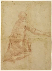 Kniende Figur von hinten (recto); Drei Halbfigurenstudien einer verschleierten weiblichen Figur (verso)