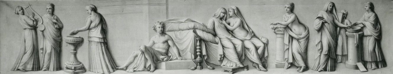 Ein Grisaille-Panel, das Szenen basierend auf der Aldobrandini-Hochzeit darstellt