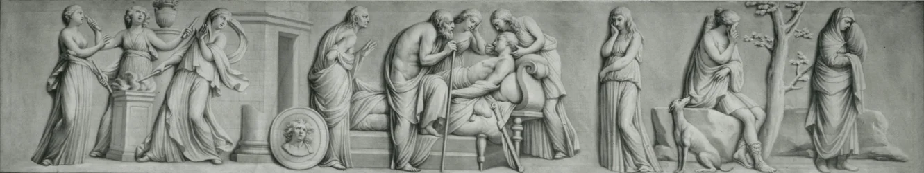 Ein Grisaille-Panel, das die Szene des Todes von Meleager darstellt