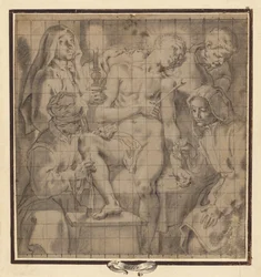 Figuren, die den verwundeten Heiligen Sebastian pflegen