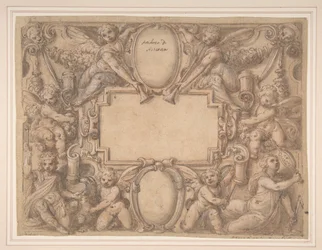 Eine Kartusche und zwei Schilde umgeben von allegorischen Figuren, 1570-1631