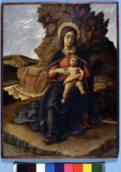Andrea Mantegna, Die „Jungfrau der Steinbrüche“: Jungfrau und Kind und im Hintergrund Steinbrüche mit arbeitenden Arbeitern, Uffizien, Florenz