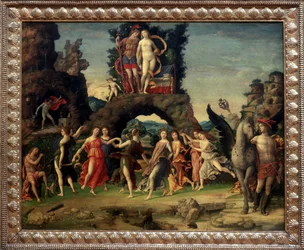 Mars und Venus oder Der Parnass. Gemälde, das Mars und Venus auf dem Felsen, Pegase und Merkur, Apollo und die neun Musen Calliope (epische Poesie), Clio (Geschichte), Erato (lyrische Kunst), Euterpe (Musik), Melpomene (Tragödie), Polymnie (Rhetorik), Terp