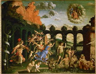 Minerva, Weisheit, vertreibt die Laster aus dem Garten der Tugend