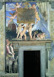 Putten mit Schmetterlingsflügeln, die die Widmungstafel tragen, darunter Jagdhunde und ihre Führer, aus der Camera degli Sposi oder Camera Picta, 1465-74 (Detail von 78449)