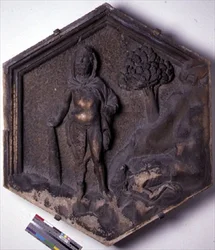 Kain und Abel, sechseckige dekorative Reliefkachel aus einer Serie, die Episoden aus der Genesis darstellt, möglicherweise basierend auf Entwürfen von Giotto, ca. 1334-48