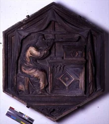Musik, sechseckige dekorative Reliefkachel aus einer Serie, die die sieben freien Künste darstellt, möglicherweise basierend auf Entwürfen von Giotto (ca. 1266-1337) ca. 1334-48