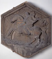 Die Kunst der Jagd, sechseckige dekorative Reliefkachel aus einer Serie, die die Praktiker der Künste und Wissenschaften darstellt, möglicherweise basierend auf Entwürfen von Giotto (ca. 1266-1337) ca. 1334-48