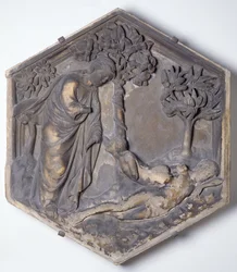 Die Erschaffung Evas, sechseckige dekorative Reliefkachel aus einer Serie, die Episoden aus Genesis darstellt, möglicherweise basierend auf Entwürfen von Giotto (ca. 1266-1337) ca. 1334-48
