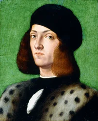 Porträt eines jungen Herrn als Brustbild, mit schwarzer Kappe und schwarzem Mantel, 1506