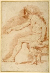 Bärtiger Akt auf einer antiken Couch sitzend