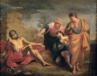 Hiob mit seiner Frau und seinen Freunden