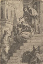 Christus spricht eine Gruppe von Frauen an, die auf Stufen sitzen und stehen, ca. 1541-44