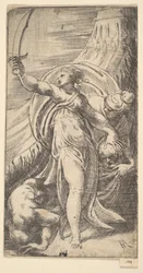 Judith mit erhobenem Schwert in der rechten Hand, den Kopf von Holofernes in den Sack legend (ca. 1542-45)