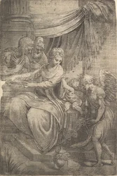 Die Heilige Familie, ein Engel mit Blumen nähert sich von rechts, ca. 1550-53