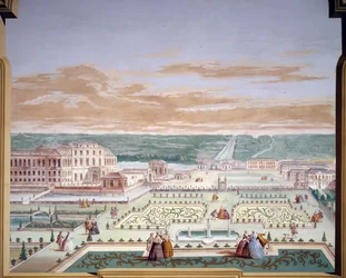 Perspektivische Zeichnung einer Villa und eines imaginären Gartens, Fresko von Andrea Urbani in der Villa Pisani, Stra, Venetien