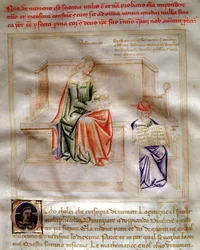 Allegorie der Arithmetik in „Lied der sieben Tugenden und der sieben freien Künste für Bruzio Visconti“