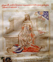 Allegorie des Glaubens in „Chansonne des sept virtues et des sept arts liberaux destinee a Bruzio Visconti“ (La Canzone delle Virtu e delle Scienze) von Bartolomeo di Bartoli. Aquarell von Andrea di Bartoli (aktiv zwischen 1358 und 1368)