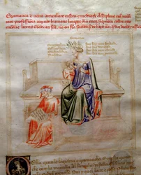 Allegorie der Grammatik in „Chansonne des sept Vertus et des sept Arts liberales destinee a Bruzio Visconti“ (La Canzone delle Virtu e delle Scienze) von Bartolomeo di Bartoli. Aquarell von Andrea di Bartoli (aktiv zwischen 1358 und 1368)