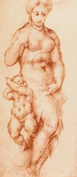 Nächstenliebe, Zeichnung von Pontormo, ehemals Andrea del Sarto zugeschrieben. Gabinetto dei Disegni e delle Stampe, Uffizien, Florenz