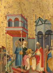 Joachim und Anna geben den Armen Essen und Opfergaben an den Tempel