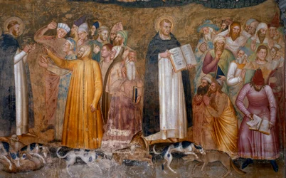Triumph der kämpfenden Kirche: Thomas von Aquin vor den Ketzern und unten rechts, Fra Dolcino zerreißt die offizielle Lehre der Kirche. Kapelle der Spanier (Detail des Freskos, 1365)