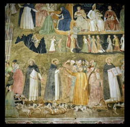 St. Dominikus sendet die Hunde des Herrn aus, mit St. Peter Martyr und St. Thomas von Aquin, ca. 1369