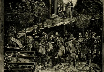 Reiten, Detail aus Triumph des Todes, Fresko von Andrea Orcagna (ca. 1315-1368), Pisa, Toskana, Italien, Holzschnitt aus Le cento citta d