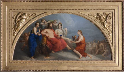 Der Olymp (Jupiter, von den Stunden mit Myrte gekrönt, reicht Ganymed einen Becher, um Nektar zu servieren)