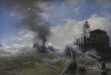 Ein Schlepper verlässt den Hafen von Ostende bei Flut