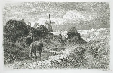 Landschaft mit Hütten und Windmühle