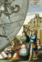 Wissenschaftler (Astrologen und Astronomen) studieren Globen und die Himmelskarte, Detail aus Atlas Coelestis seu Harmonia Macrocosmica von Andreas Cellarius (1596-1665)