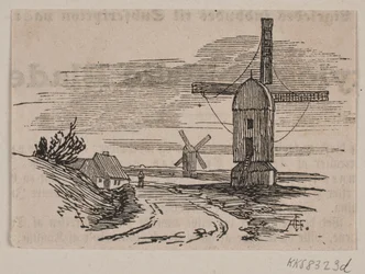 Zwei Bockwindmühlen an einem Weg