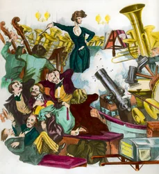 Satire von Hector Berlioz, der ein Orchester dirigiert. Satirischer Druck von Andreas Geiger