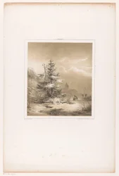 Winterlandschaft mit Nadelbäumen und Mann mit Schlitten