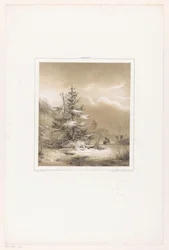 Winterlandschaft mit Nadelbäumen und Mann mit Schlitten