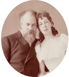 Porträt des Künstlers Konstantin Jegorowitsch Makowski (1839-1915) mit seiner Frau. Albumin-Foto von Andrei Osipowitsch Karelin (1837-1906)