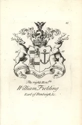 Wappen und Wappenschild des hochadeligen William Fielding, 5. Graf von Denbeigh