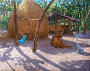 Heuhaufen und Mädchen auf einer Schaukel, Kerala