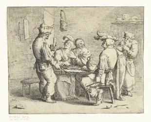 Drei Bauern und eine Frau an einem Tisch in einem Bordell