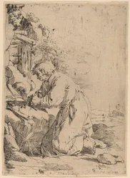 Der kniende Einsiedler nach links gewandt