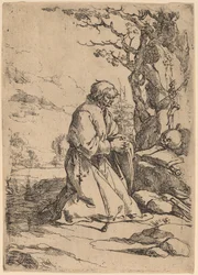 Der kniende Einsiedler nach rechts blickend