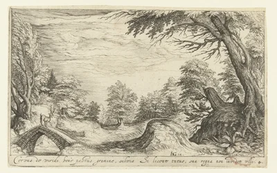 Landschaft mit einem Hirsch auf einer Brücke