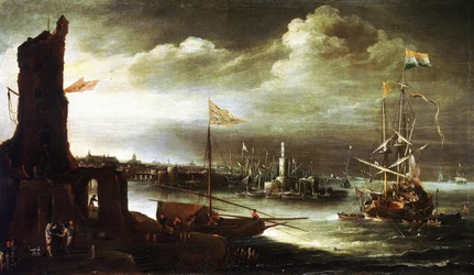 Ein niederländisches Schiff vor dem Hafen von Genua (Italien)