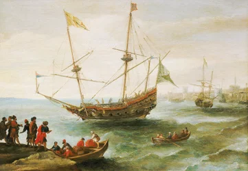 Ein Algerier in einem Hafen in der Barbarei (Name, der von Europäern der Küste Nordafrikas vom 16. bis 19. Jahrhundert gegeben wurde). Ölgemälde von Andries van Eertvelt (1590-1652)