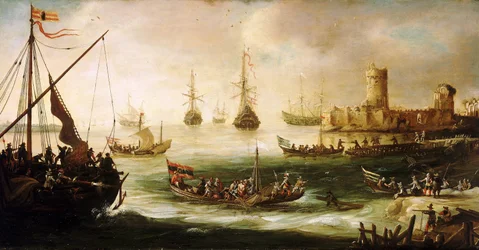 Die Rückkehr einer spanischen Expedition, Öl auf Holz, von Andries van Eertvelt (1590-1652)