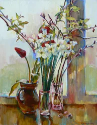 Frühlingsblumen am Fenster