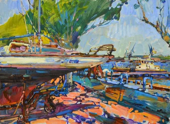 Lebhafter Bootswerft-Hafen